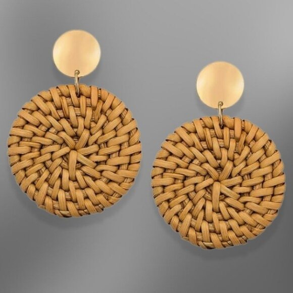 Icing Stud Boho Earrings Round Disc Rattan Woven Lightweight Brown Gold W OS NWT - Picture 1 of 4